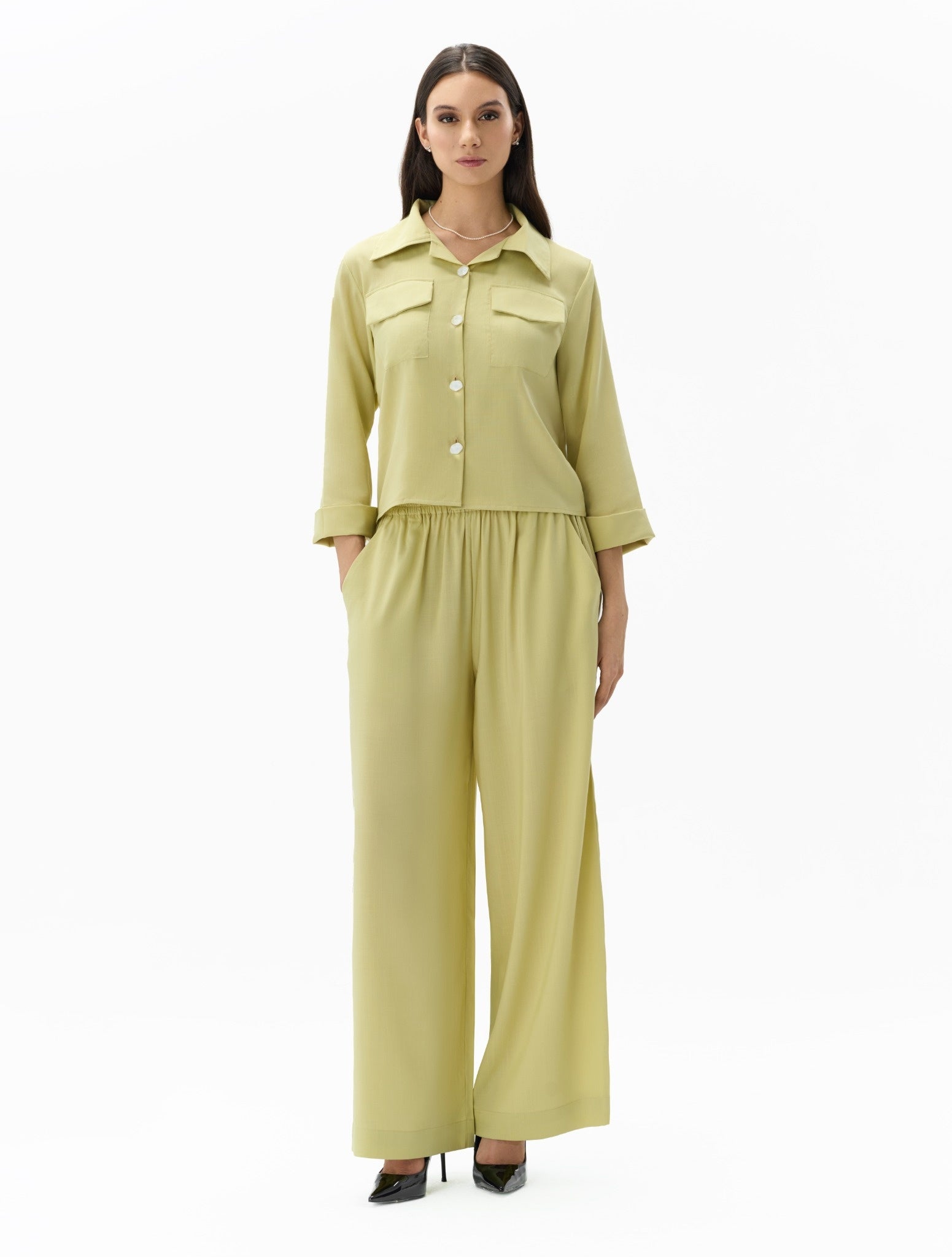Floral Overlay Set Pistachio Cream Two-Piece Ensemble Full-Length Look