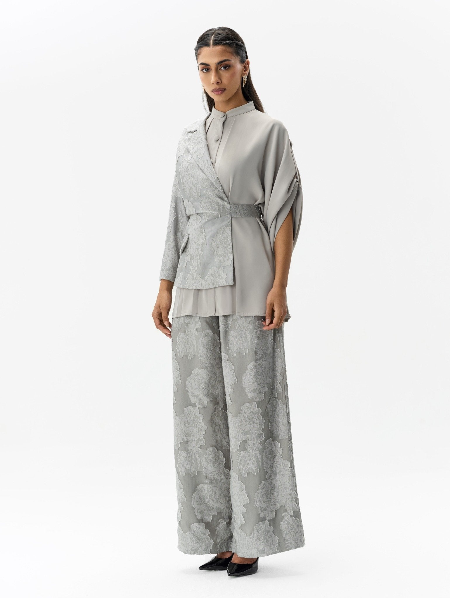 Dual-Fabric Layered Set Gray Two-Piece Set Right Side View