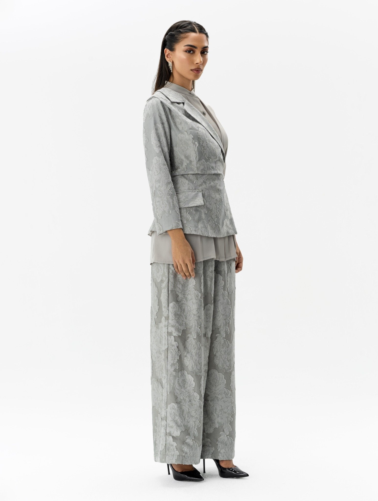Dual-Fabric Layered Set Gray Two-Piece Set Left Side View