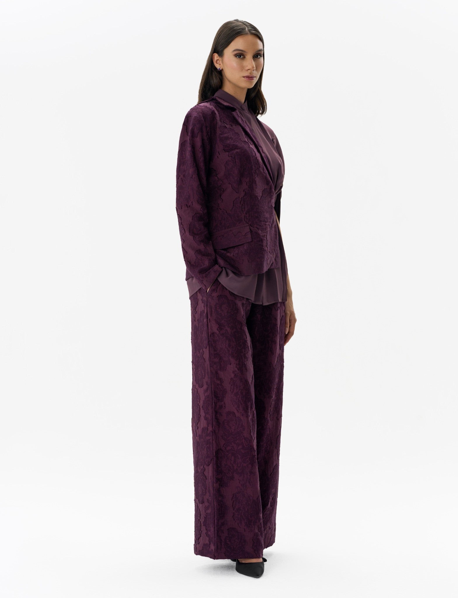 Dual-Fabric Layered Set Burgundy Two-Piece Set Left Side View