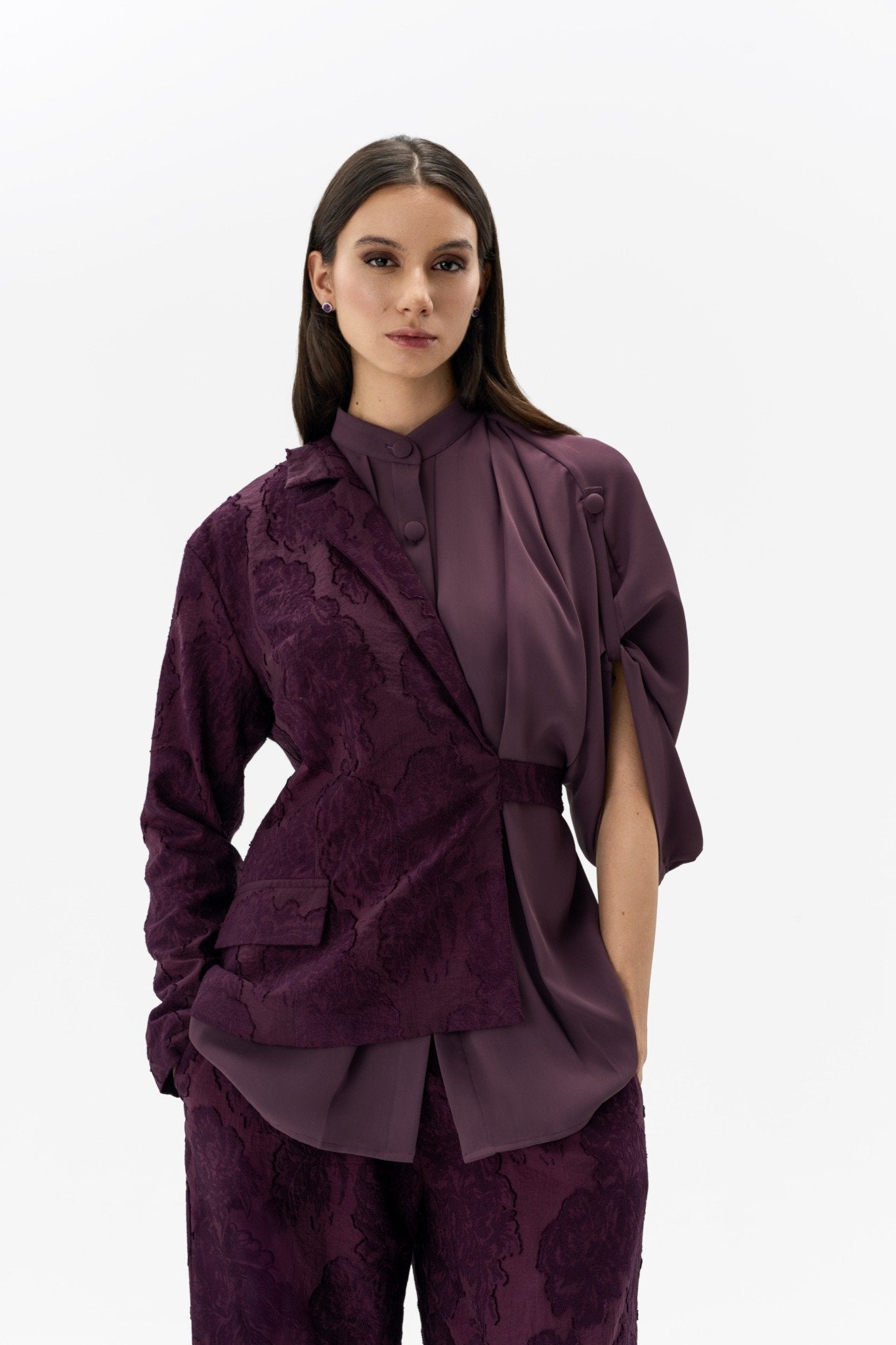 Dual-Fabric Layered Set Burgundy Two-Piece Set Right Side View