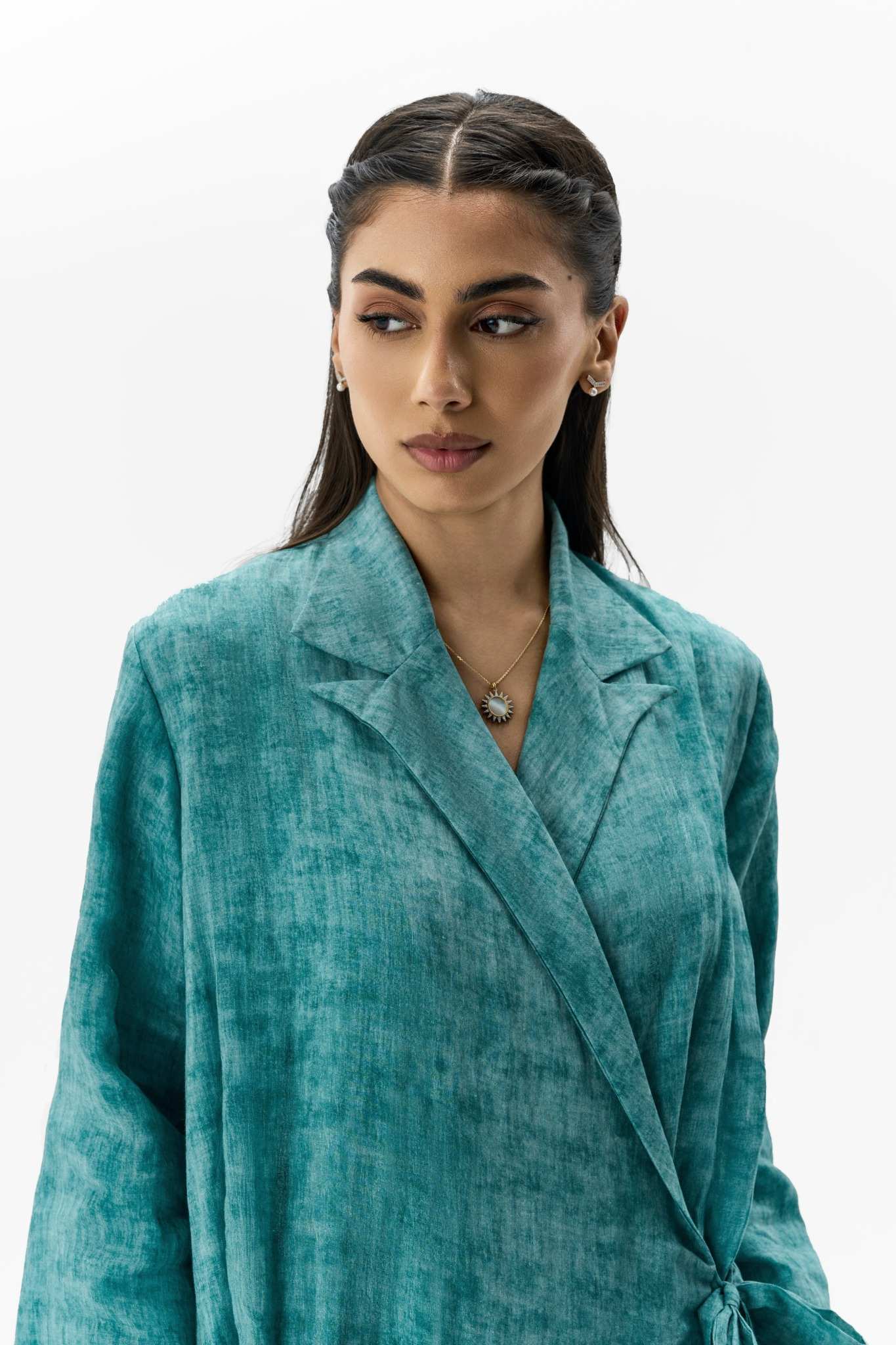Linen Layer Set Turquoise Two-Piece Ensemble Close-Up Detail