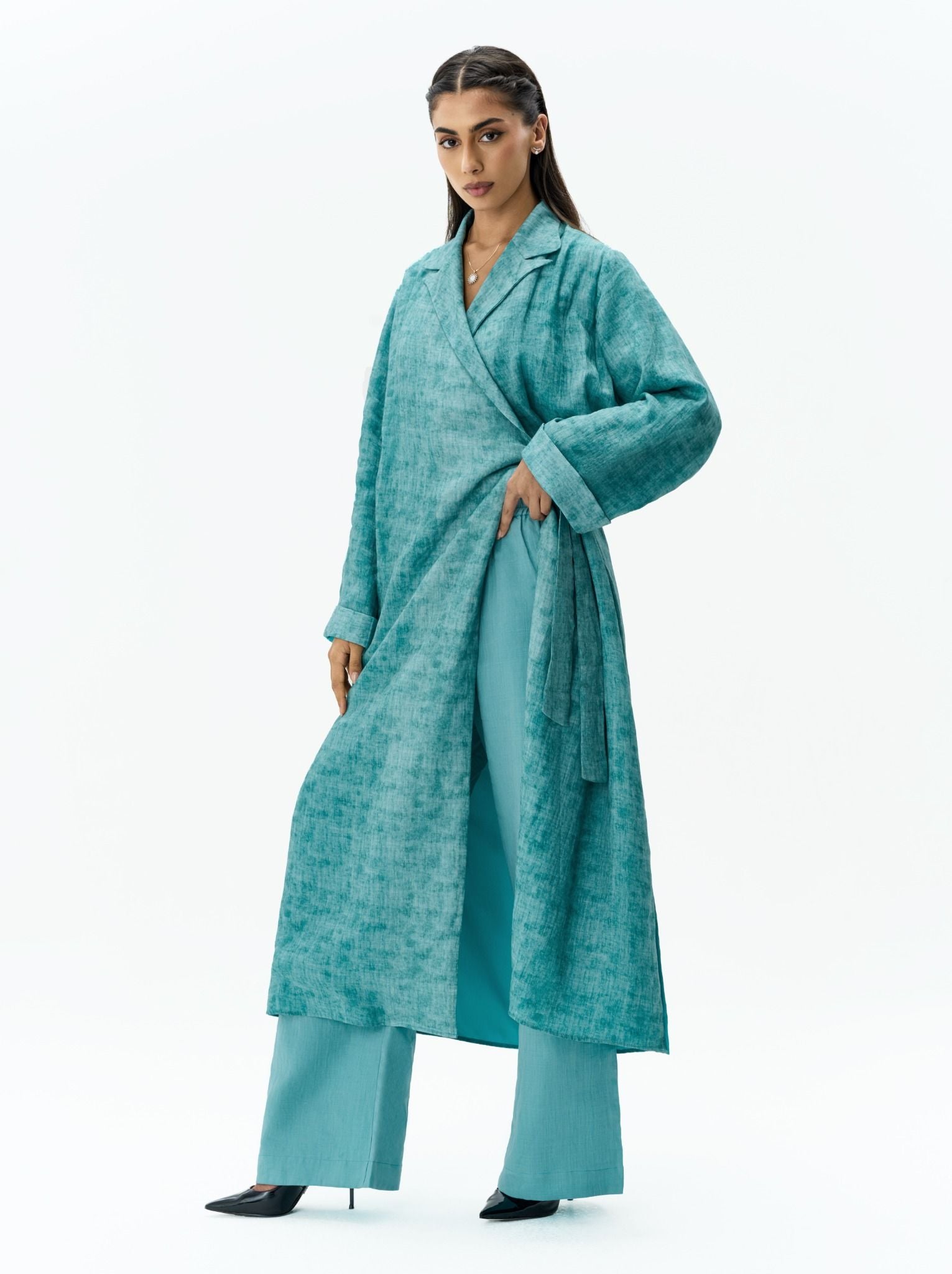 Linen Layer Set Turquoise Two-Piece Ensemble Left Side View