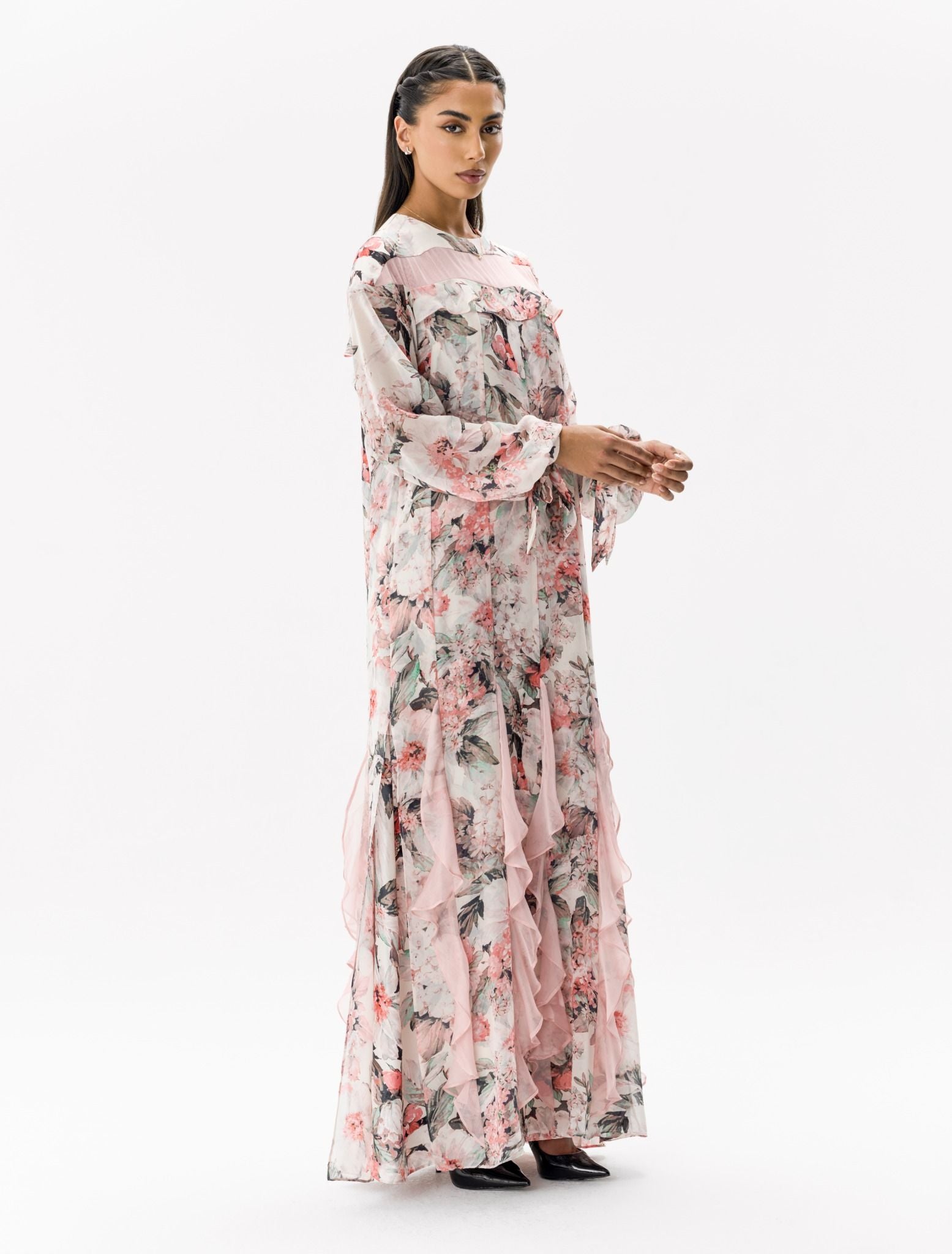 Silk Chiffon Floral Dress Pink Botanical Print Dress Left Side View
