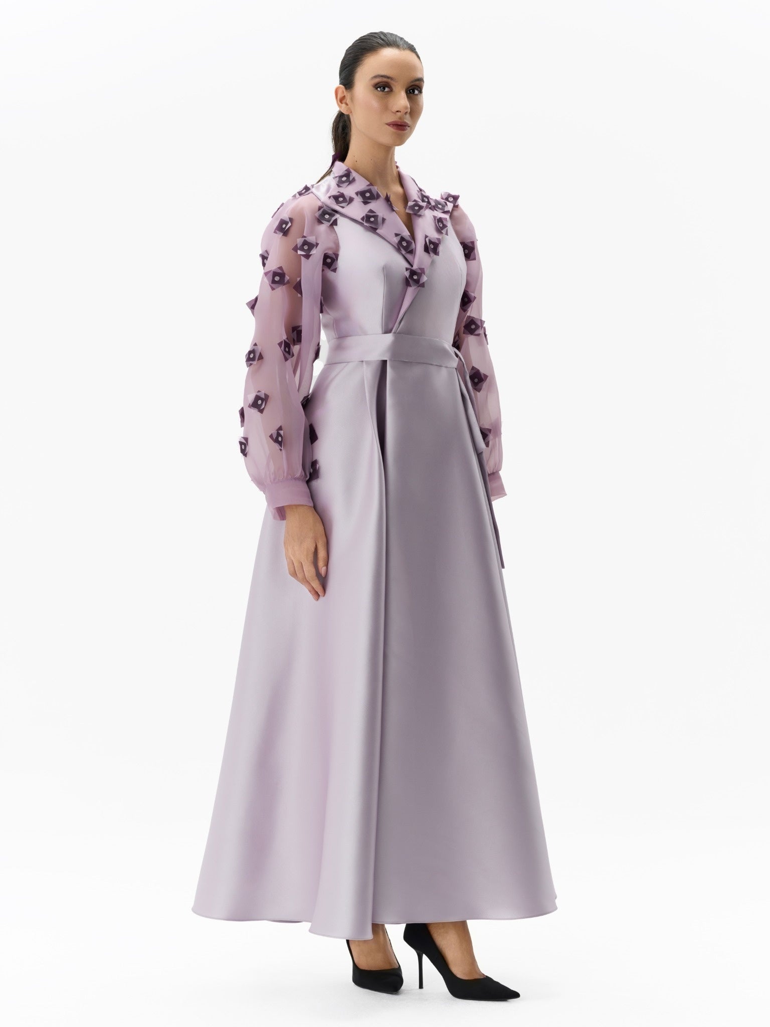 Organza Sleeve Mikado Dress Lilac Evening Gown Right Side View