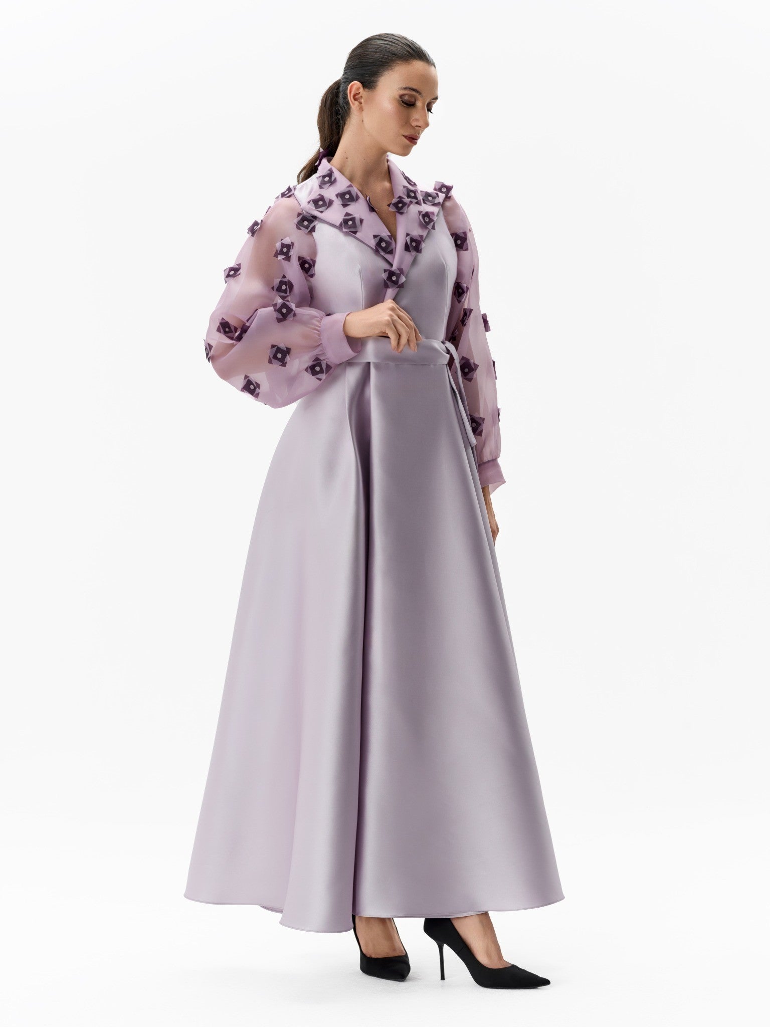 Organza Sleeve Mikado Dress Lilac Evening Gown Left Side View