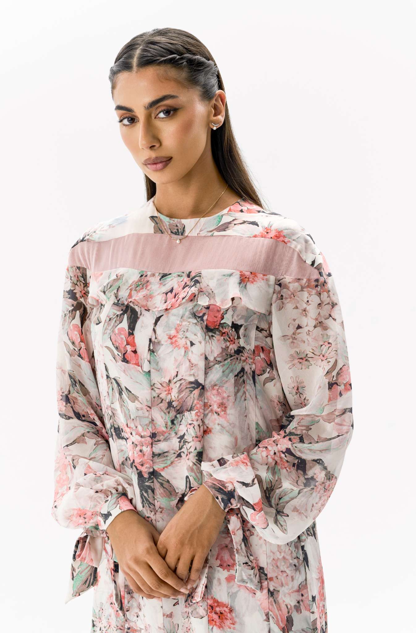 Silk Chiffon Floral Dress Pink Botanical Print Dress Close-Up Detail