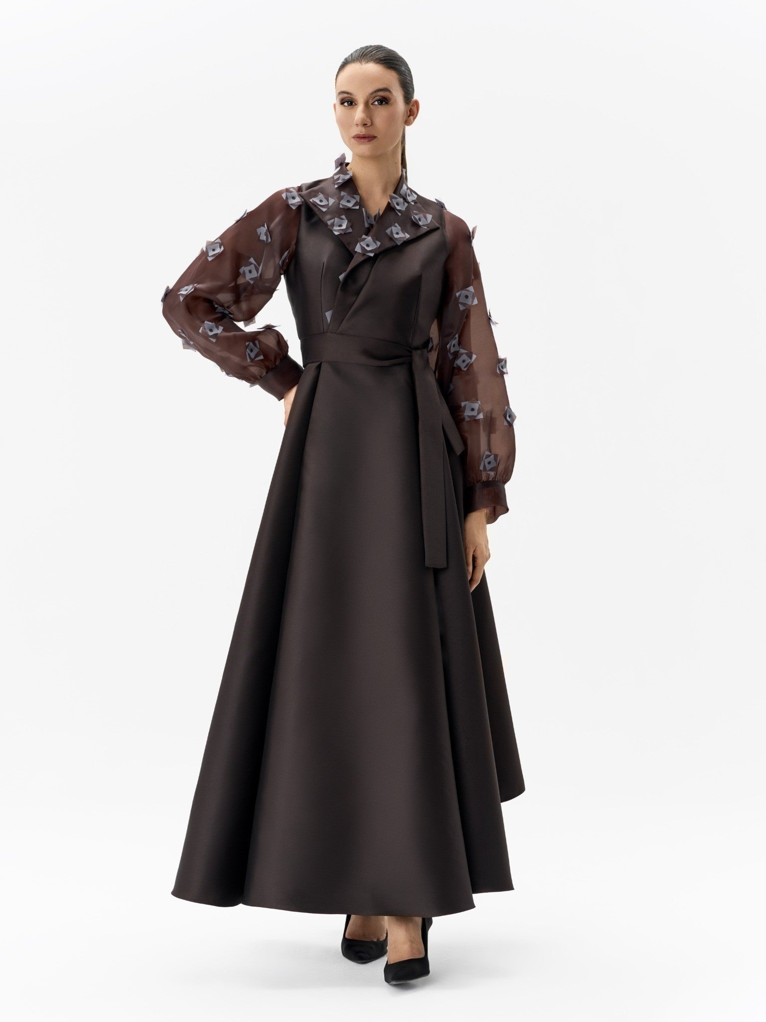 Organza Sleeve Mikado Dress Brown Evening Gown Right Side View