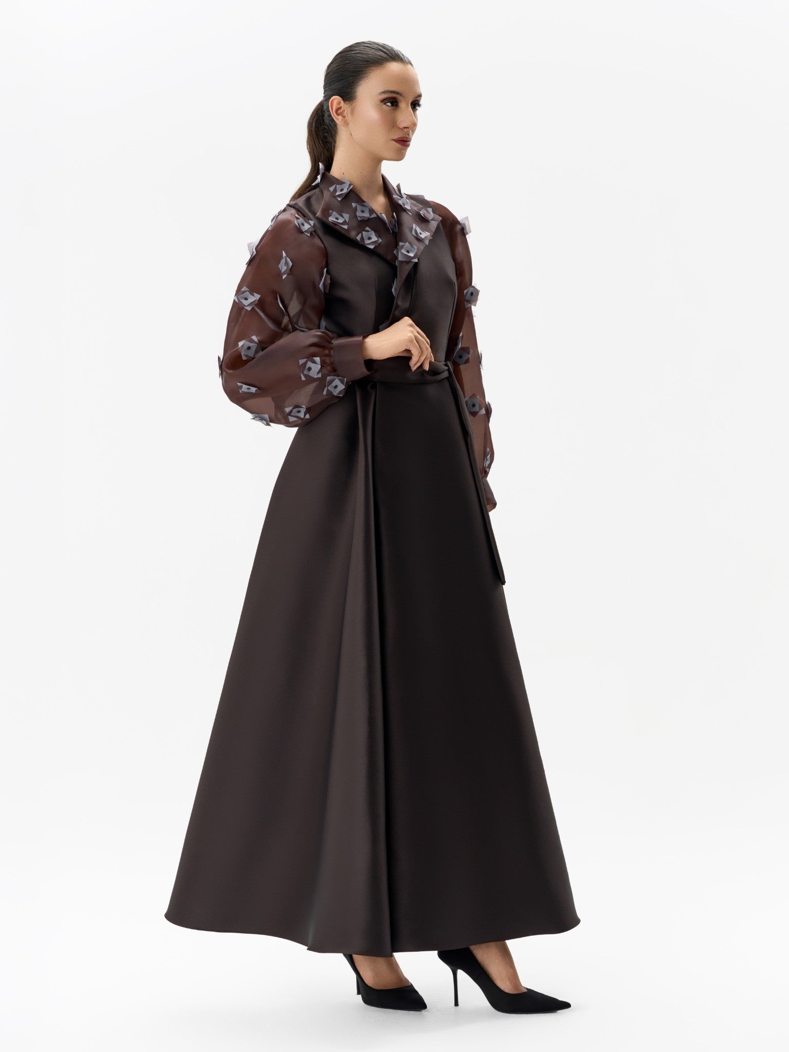 Organza Sleeve Mikado Dress Brown Evening Gown Left Side View