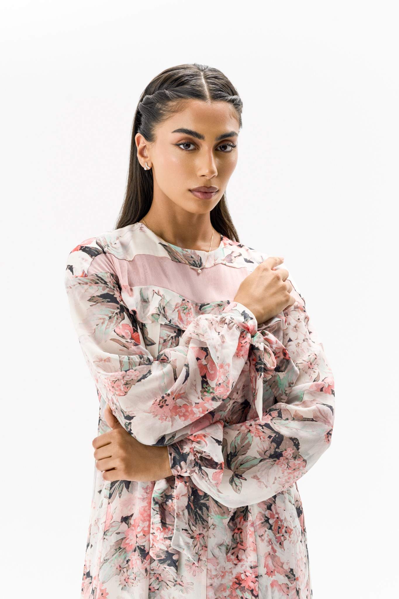Silk Chiffon Floral Dress Pink Botanical Print Dress Right Side View