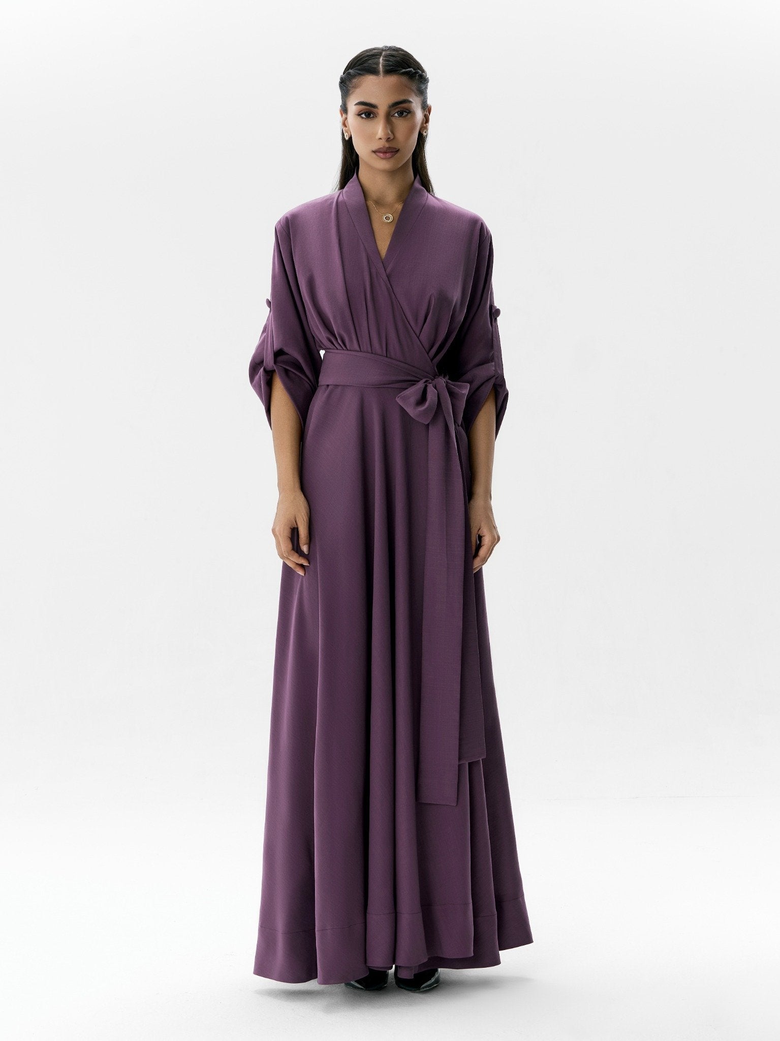 Cotton Wrap Dress Purple Wrap Dress Left Side View