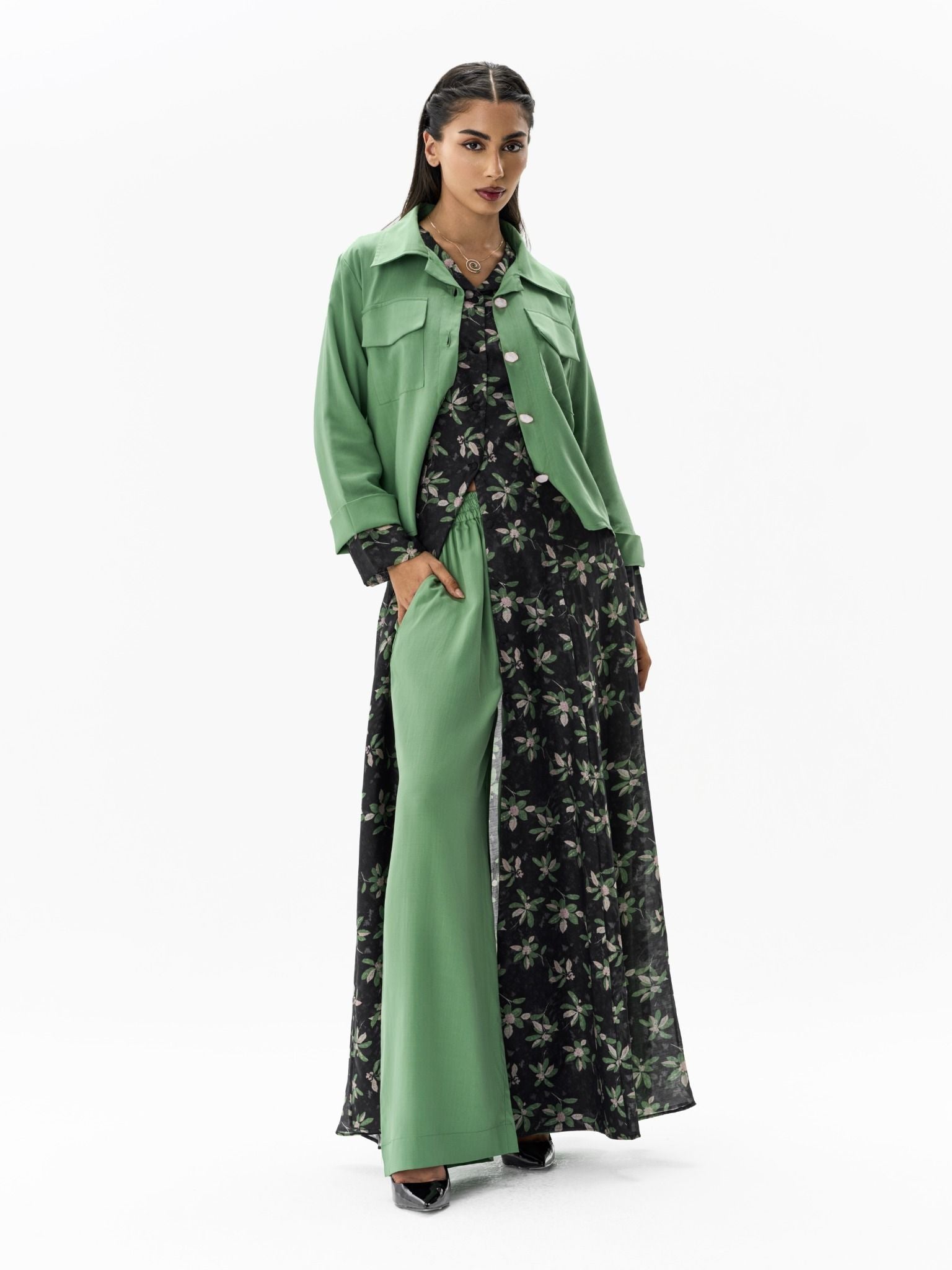 Floral Overlay Set Sea Green Two-Piece Ensemble Left Side View