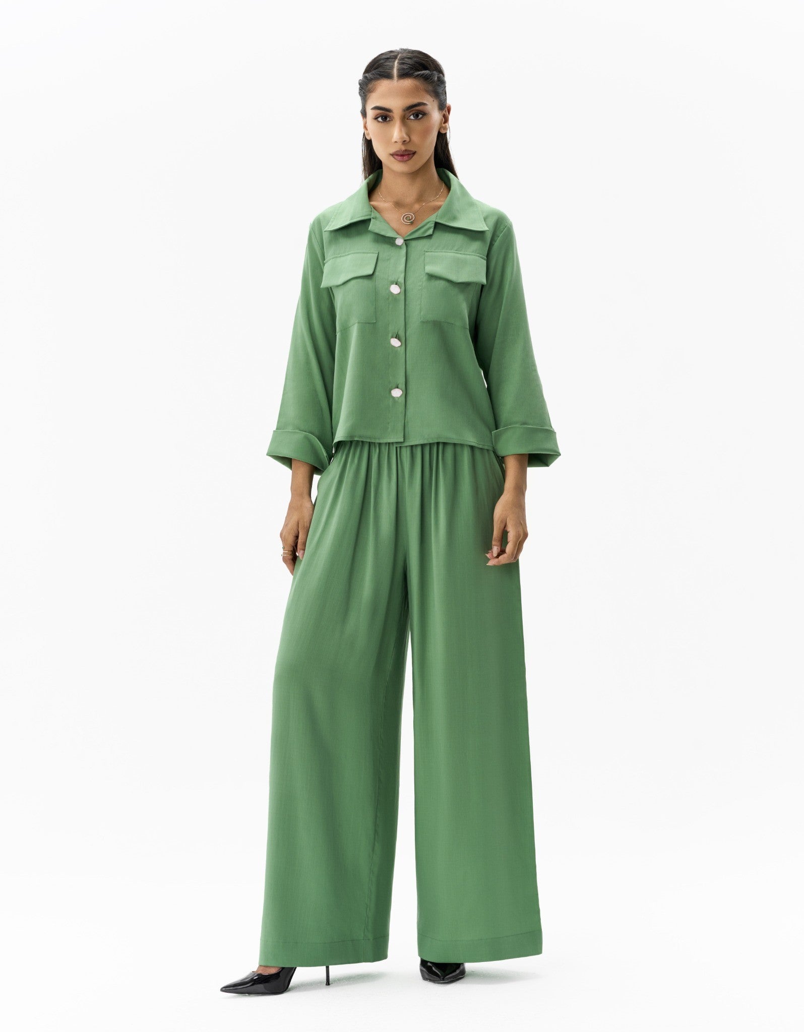 Floral Overlay Set Sea Green Two-Piece Ensemble Full-Length Look