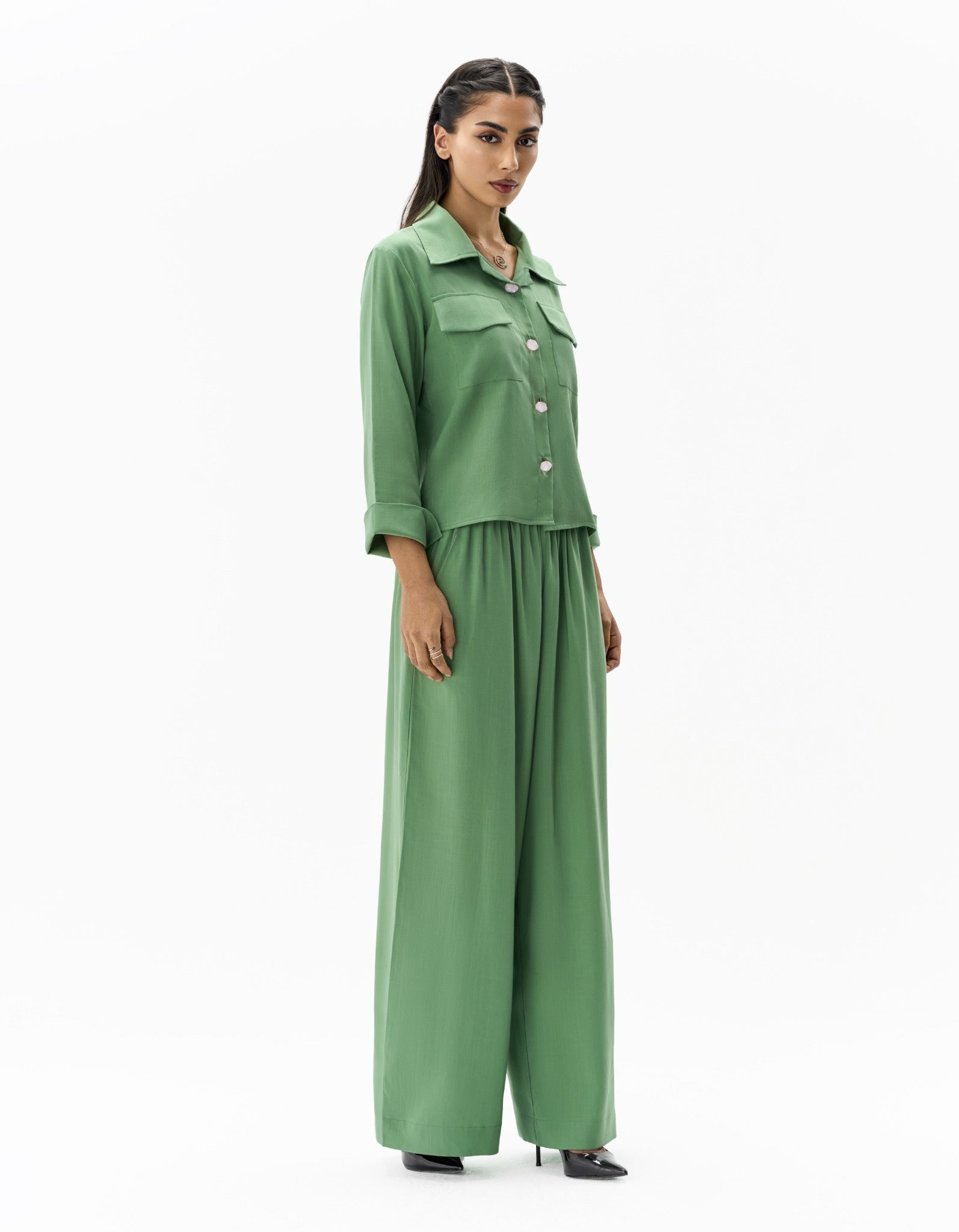 Floral Overlay Set Sea Green Two-Piece Ensemble Fabric Detail